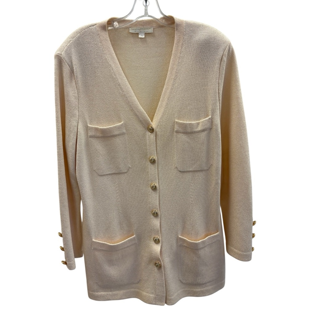 St. John Basics cardigan long cream gold buttons Size 14 Vintage